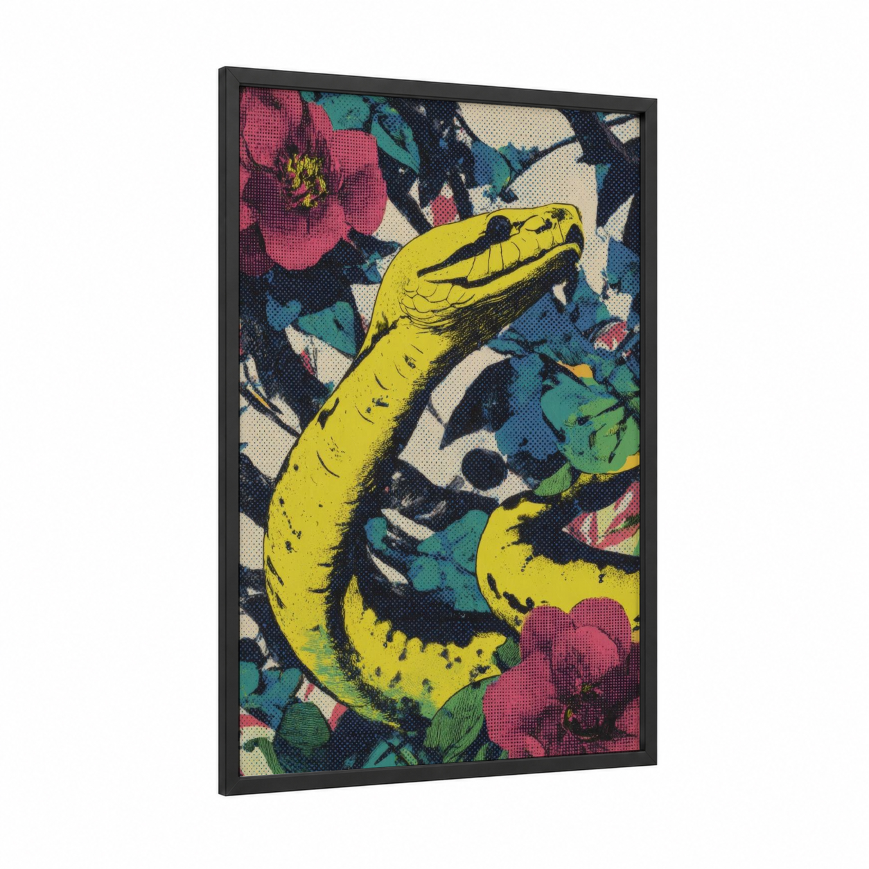 Yellow Serpent Garden framed boa constrictor print — black wood frame — yellow gold and magenta palette