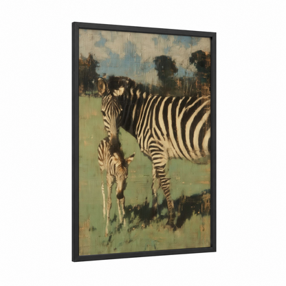 Mother Zebra Foal framed art print — black wood frame — beige and light green palette
