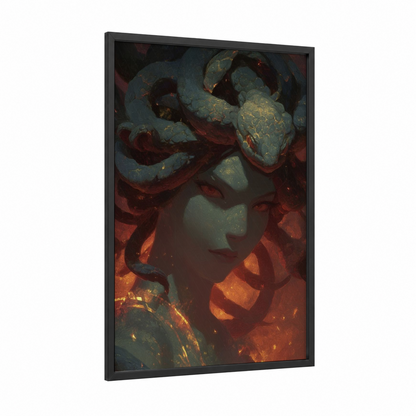 Serpent Medusa framed art print — black wood frame — teal and red palette