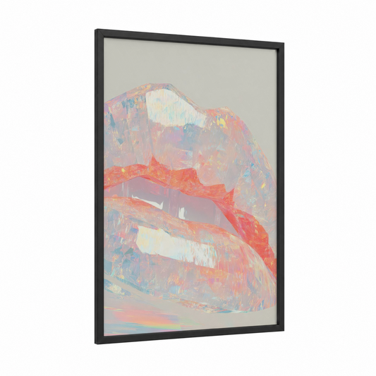 Coral Lips Abstract framed art print — black wood frame — salmon pink and peach palette