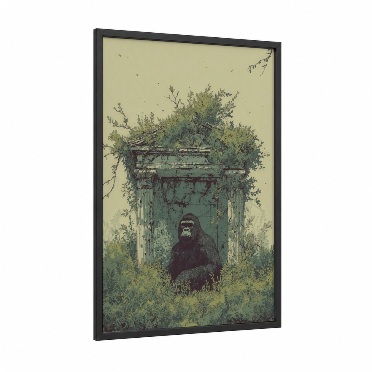 Forgotten Gorilla framed art print — black wood frame — sage green and cream palette