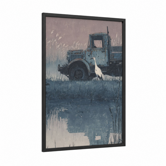 Abandoned Farm Truck framed art print — black wood frame — blue and gray and gray palette