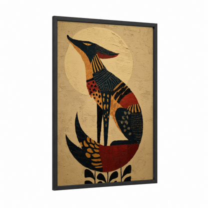 Geometric Coyote framed art print — black wood frame — gold and russet palette