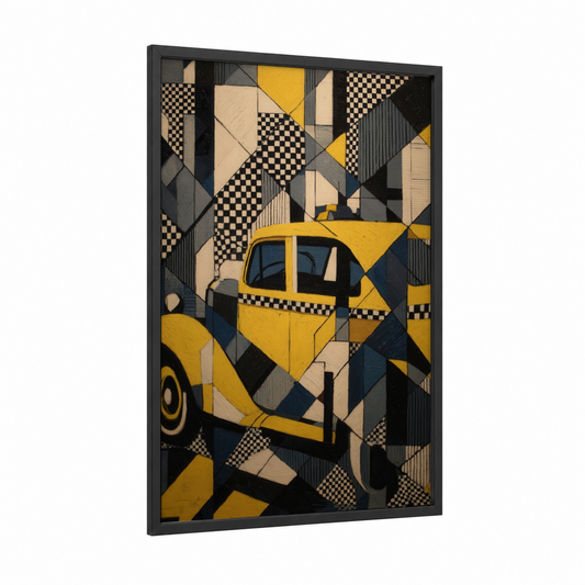 Geometric Taxi framed taxi cab print — black wood frame — yellow gold and black and white palette