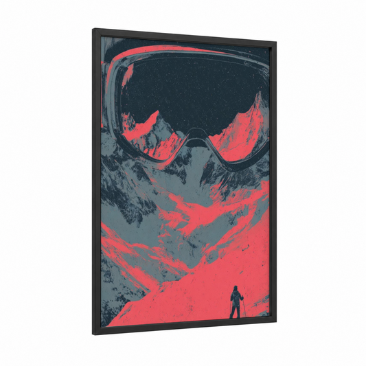 Snowy Slope Skier framed skiing print — black wood frame — red and black palette