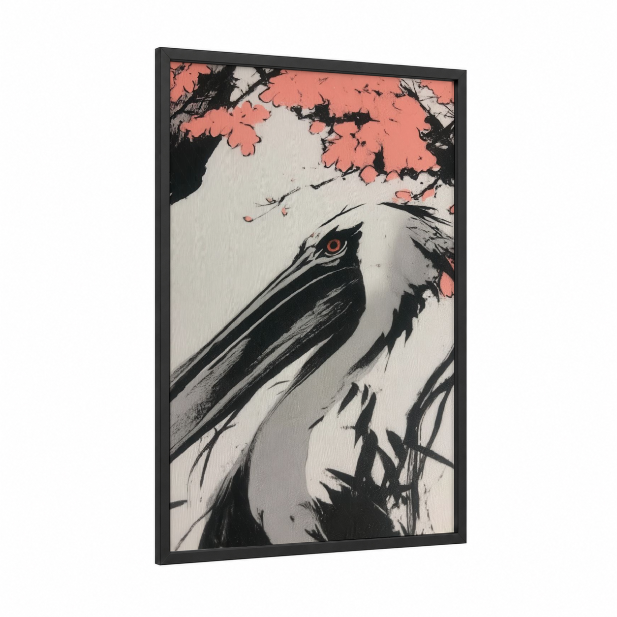 Coral Pelican framed art print — black wood frame — black and white and salmon pink palette