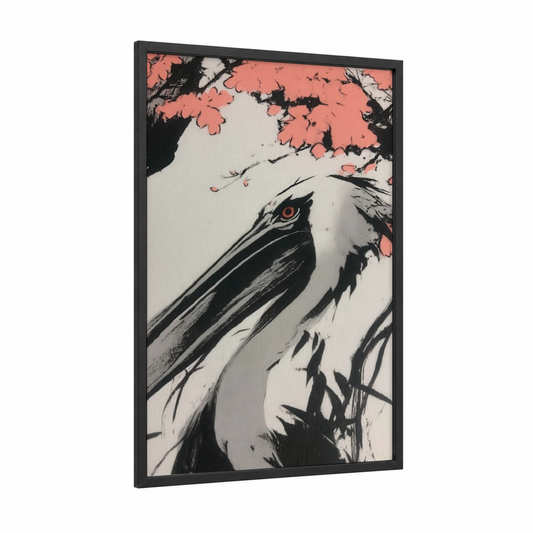 Coral Pelican framed art print — black wood frame — black and white and salmon pink palette