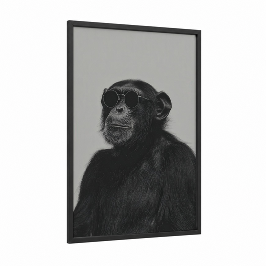 Cool Chimpanzee framed art print — black wood frame — black and white palette
