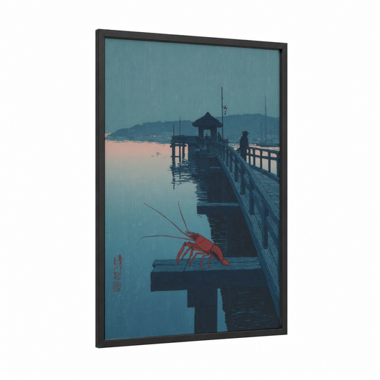 Crimson Lobster Pier framed art print — black wood frame — teal and red palette