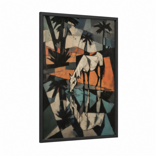 Arabian Horse framed art print — black wood frame — orange and teal palette