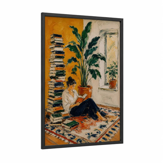 Woman Reading by Window Wall Art framed art print — black wood frame — orange and green palette
