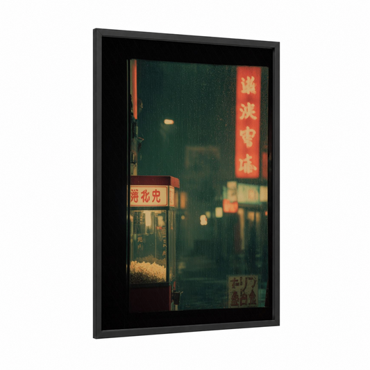 Neon Popcorn Stand framed art print — black wood frame — dark green and gold palette