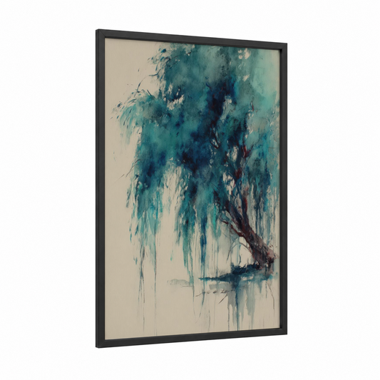 Weeping Willow Reflection framed willow tree print — black wood frame — teal and cream palette