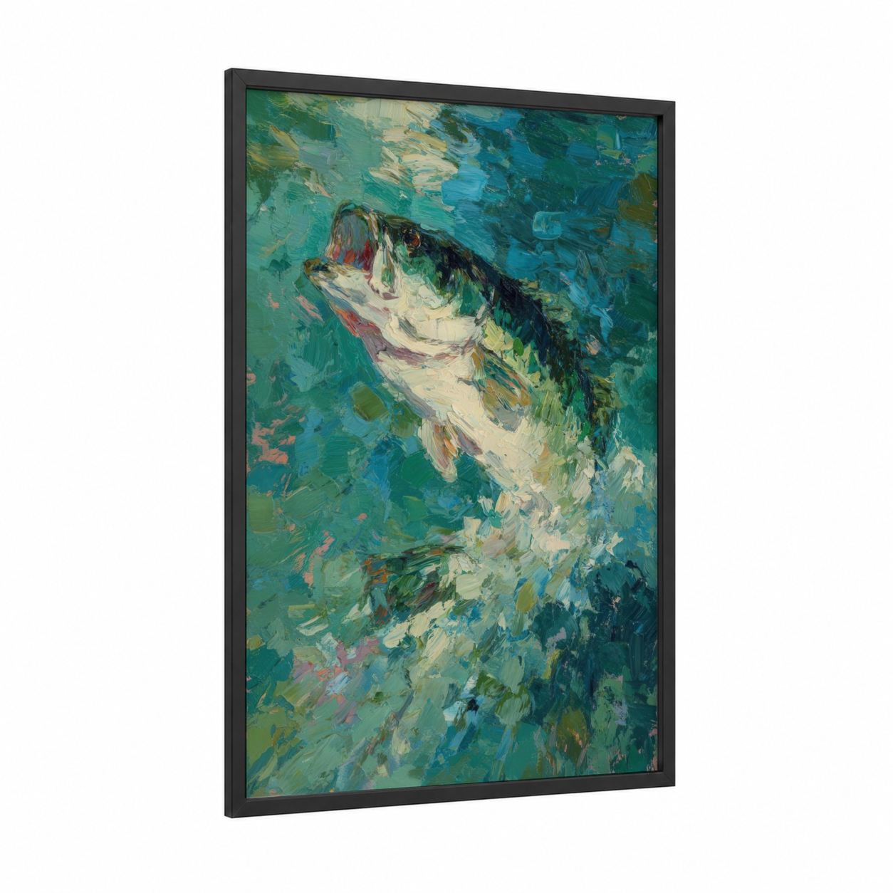 Leaping Bass framed art print — black wood frame — teal and green palette