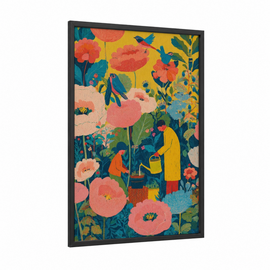 Father's Day Garden framed art print — black wood frame — gold and salmon pink palette