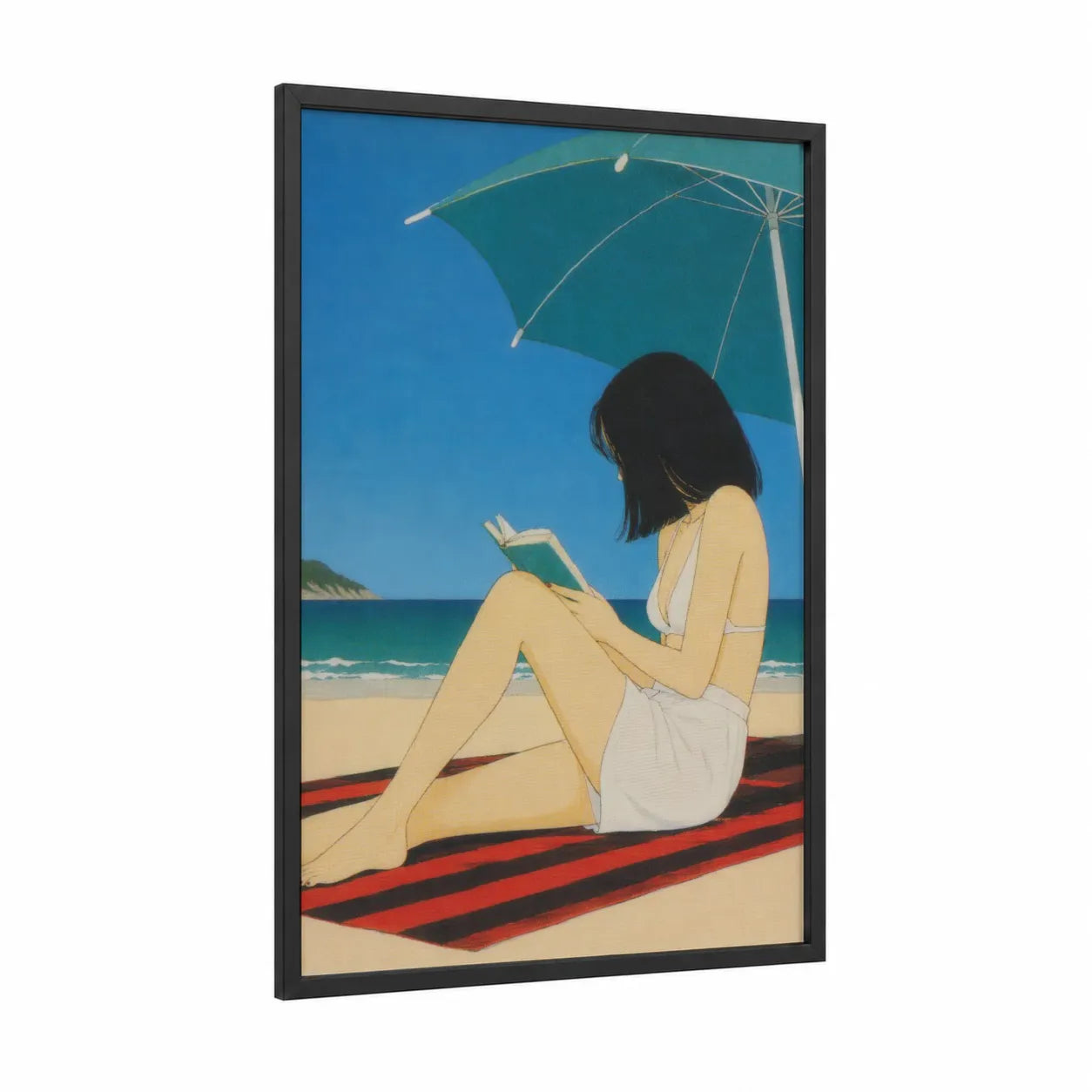 Woman Reading on Beach Wall Art framed sandy beach print — black wood frame — teal and blue palette