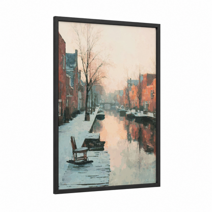 Winter Canal framed art print — black wood frame — russet and gray and white palette