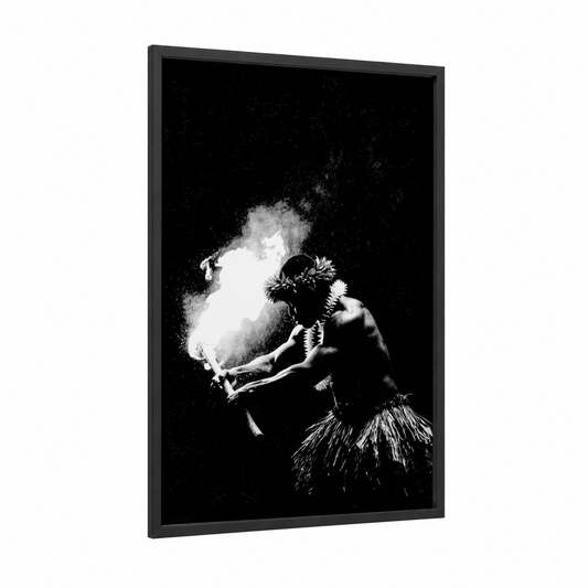 Luminous Hula framed art print — black wood frame — black and white palette