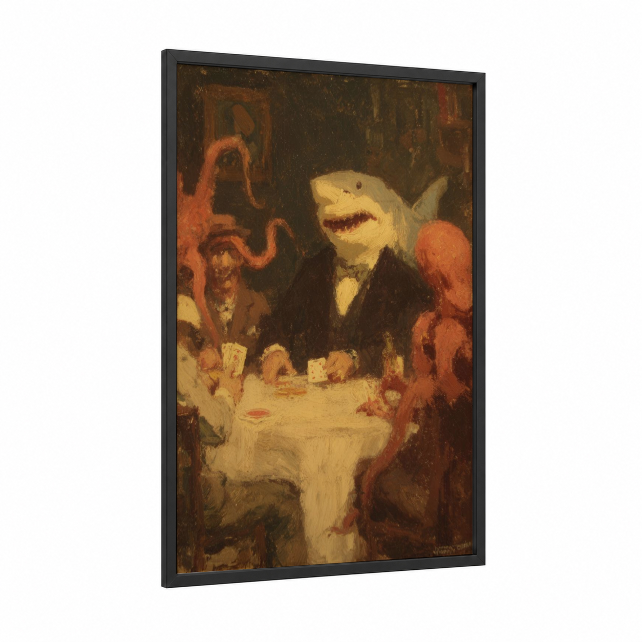 Poker Shark framed great white shark print — black wood frame — espresso and yellow gold palette
