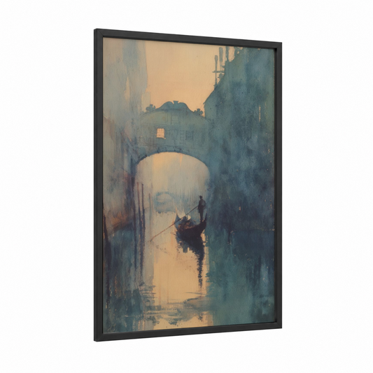 Venice Gondola framed art print — black wood frame — blue and gold and gray and white palette