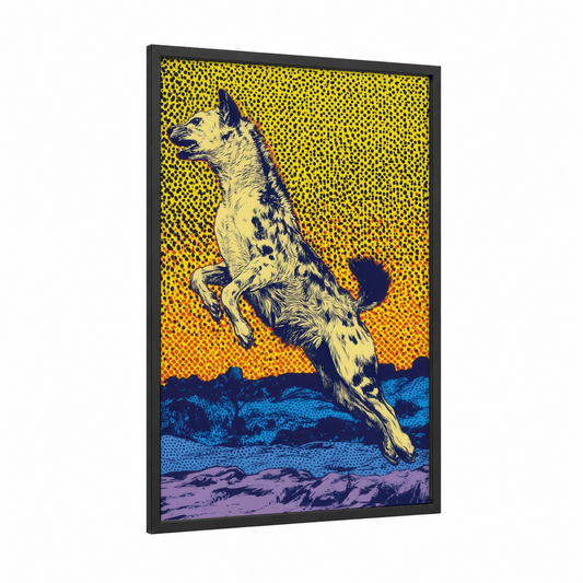 Rearing Hyena framed art print — black wood frame — yellow gold and blue palette