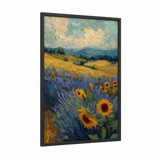Sunflower Spring framed art print — black wood frame — yellow gold and blue palette