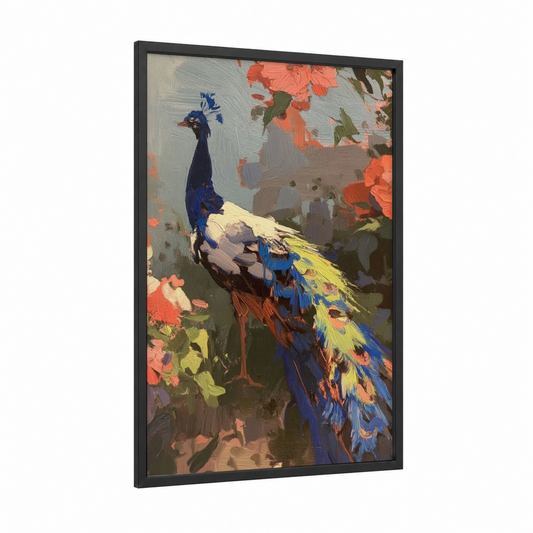 Crimson Peacock framed art print — black wood frame — blue and orange palette