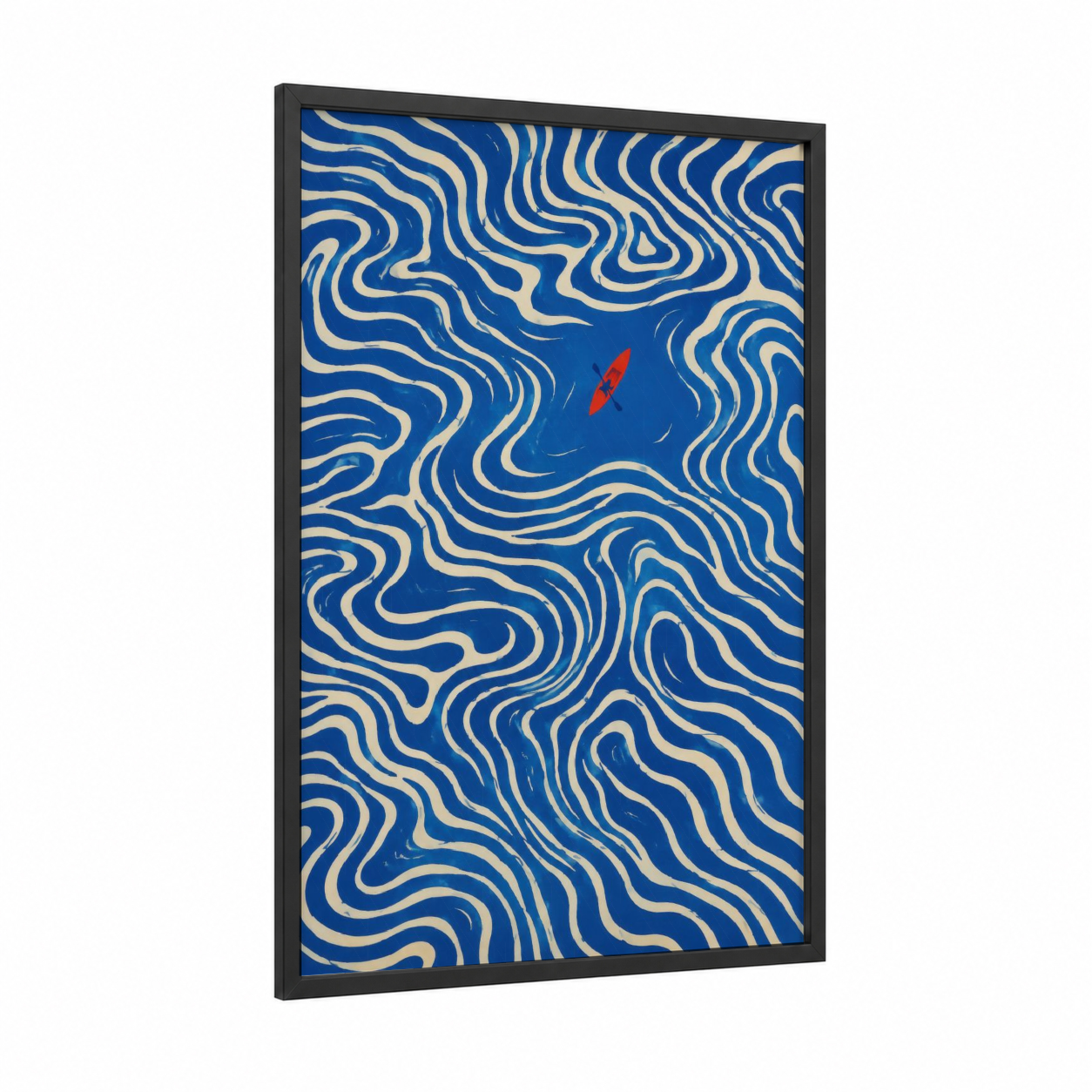 Red Kayak Ocean Waves Wall Art framed kayaks and canoes print — black wood frame — blue and cream palette