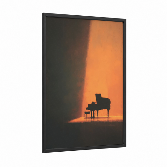 Spotlight Piano framed art print — black wood frame — orange and black and gold palette