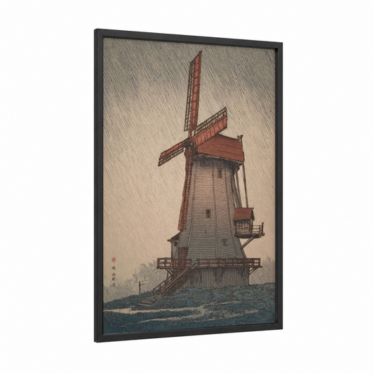 Dutch Windmill Rain framed windmills print — black wood frame — russet and gray and white palette