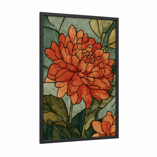 Coral Dahlia Bloom framed art print — black wood frame — pumpkin and sage green palette