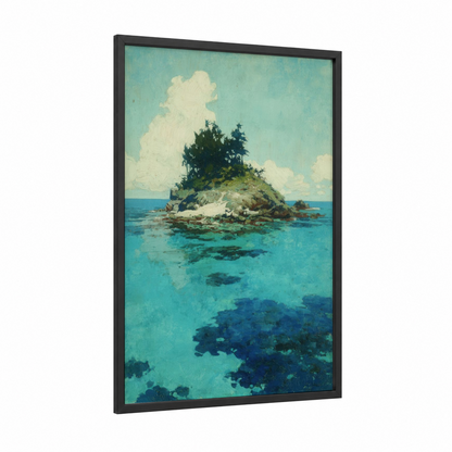 Tropical Island Paradise framed art print — black wood frame — turquoise and cream palette