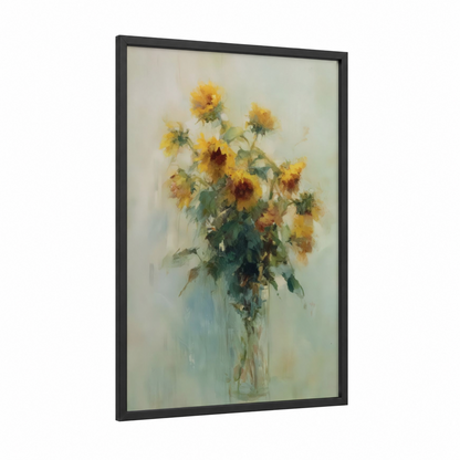 Golden Sunflower Bouquet framed art print — black wood frame — gold and light green palette