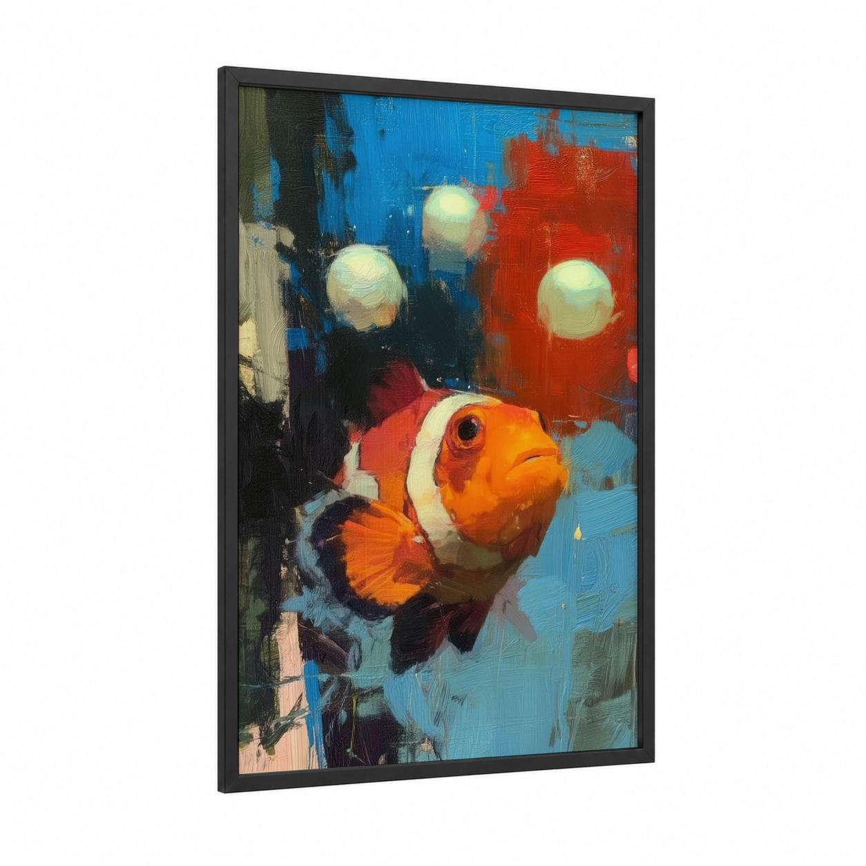 Vibrant Clownfish framed clown fish print — black wood frame — blue and orange palette