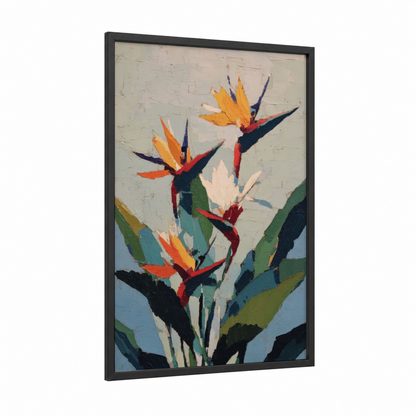 Tropical Paradise Blooms framed birds of paradise print — black wood frame — gold and true green palette