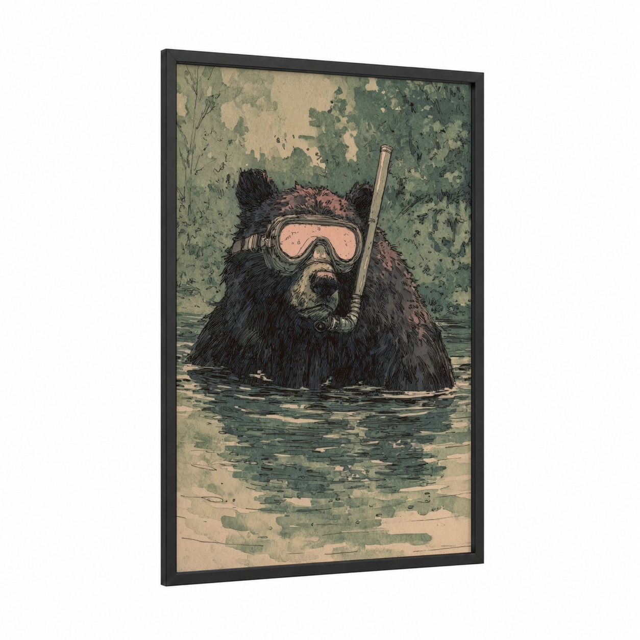 Snorkeling Grizzly framed grizzly bear print — black wood frame — gray and white and sage green palette