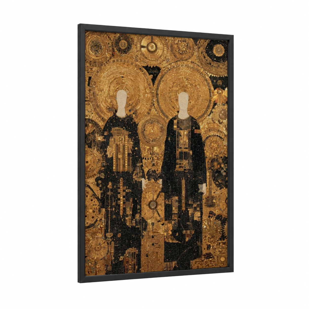 Mechanical Gemini framed art print — black wood frame — gold and black palette
