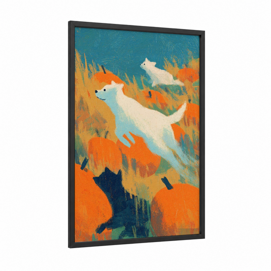 Autumn Weasels framed halloween print — black wood frame — orange and teal palette