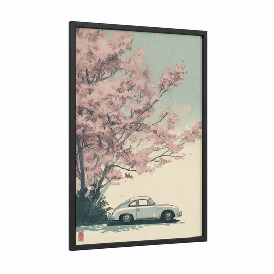 Cherry Blossom Classic framed classic car print — black wood frame — peach and light green palette