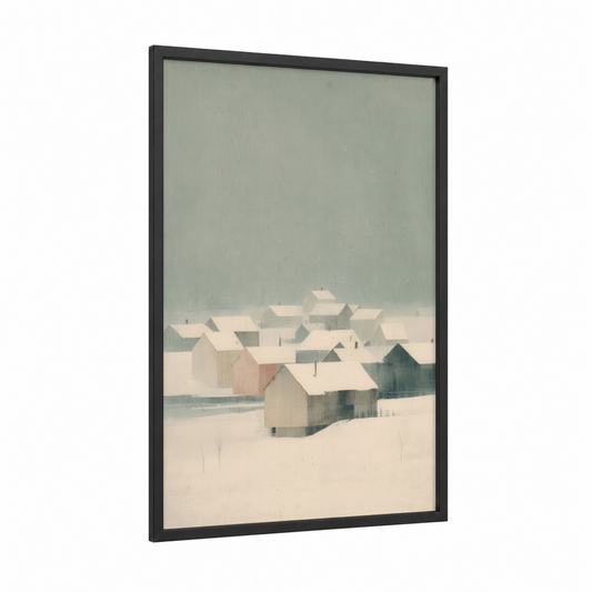 Snowy Village Silence framed art print — black wood frame — cream and dove gray palette
