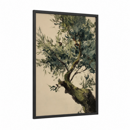 Ancient Olive Tree framed art print — black wood frame — sage green and cream palette
