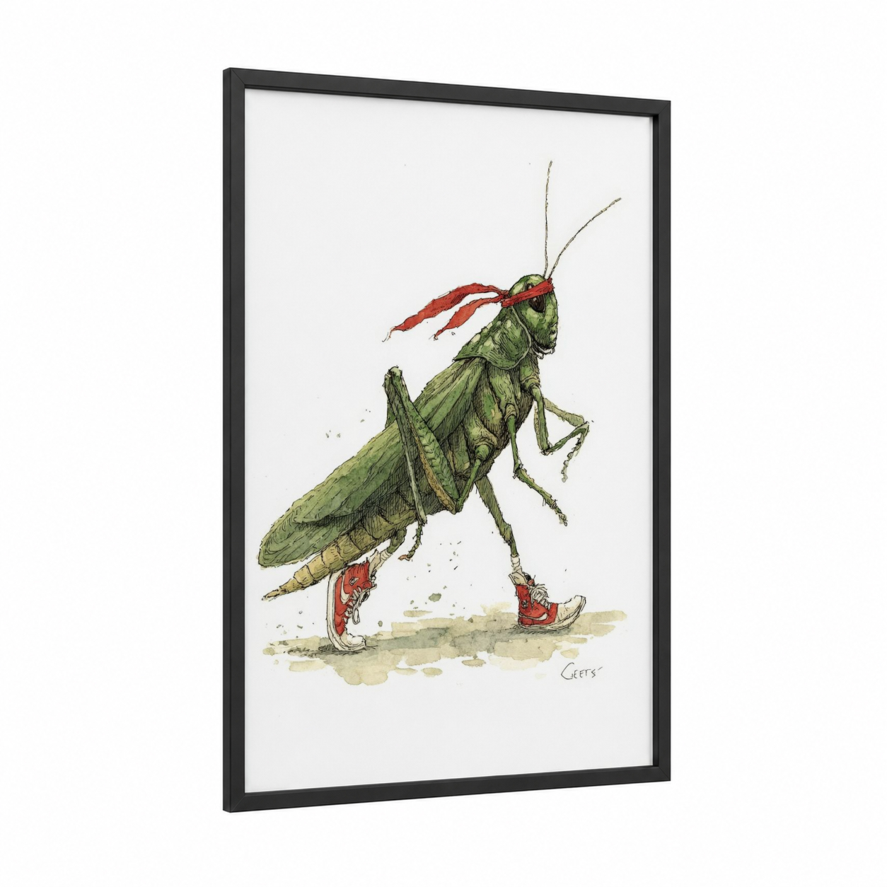 Dancing Grasshopper framed art print — black wood frame — sage green and red palette