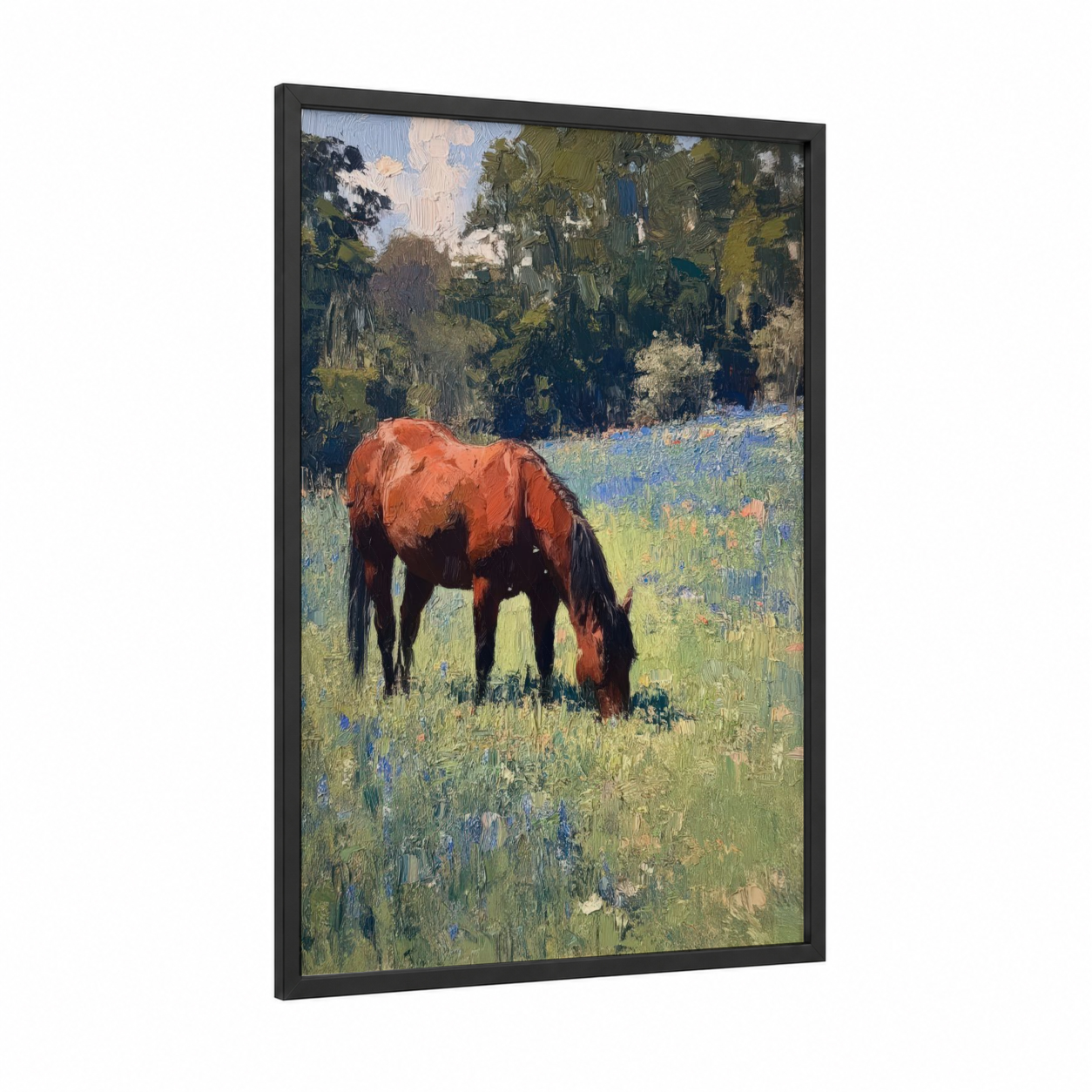 Grazing Quarter Horse framed art print — black wood frame — russet and true green palette