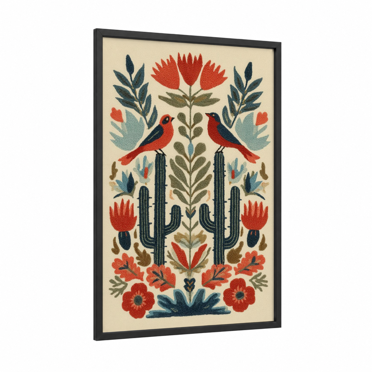 Desert Garden Cactus framed art print — black wood frame — red palette