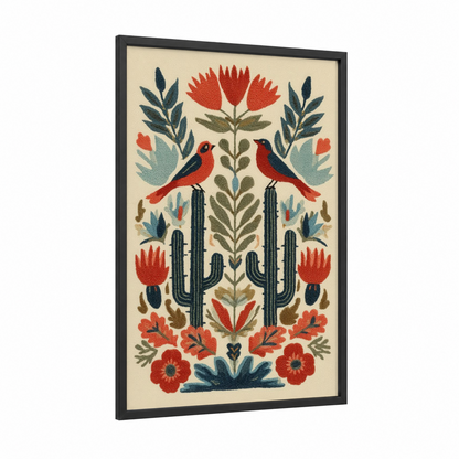Desert Garden Cactus framed art print — black wood frame — red palette