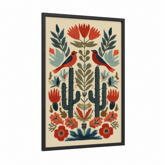 Desert Garden Cactus framed art print — black wood frame — red palette