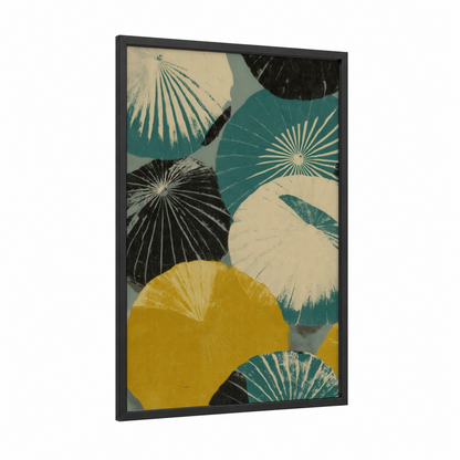Radiant Sea Urchins framed art print — black wood frame — teal and yellow gold palette
