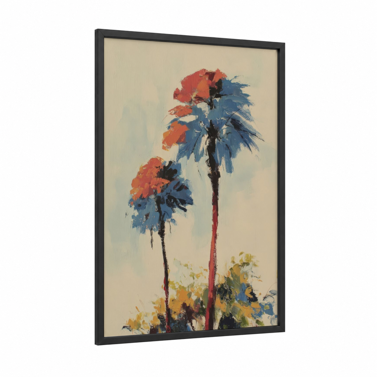Tropical Palm Impressionist framed palm tree print — black wood frame — red and blue palette