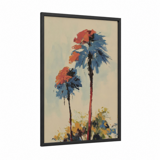 Tropical Palm Impressionist framed palm tree print — black wood frame — red and blue palette