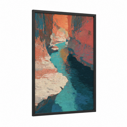 Turquoise Canyon framed art print — black wood frame — red and turquoise palette